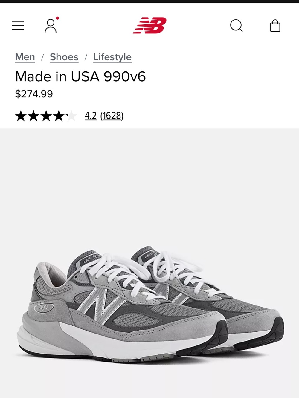 New Balance Grey and White Men’s 990v6 Sneakers